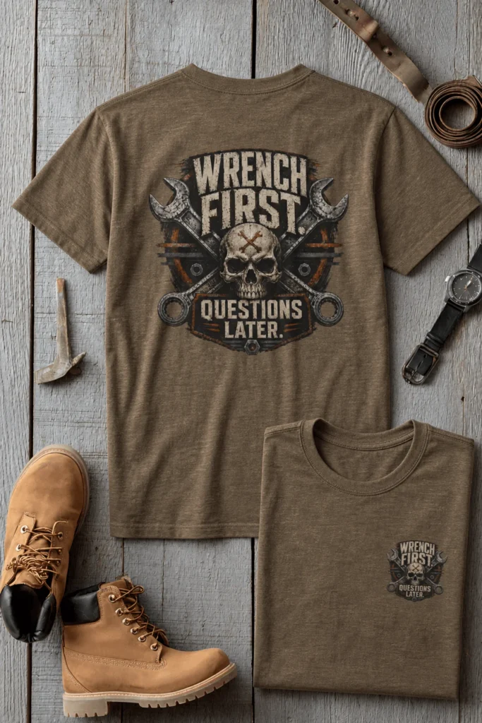 Wrench First Tee — "Wrench First, Questions Later" Mechanic Skull T-Shirt — heather-olive t-shirt, flat-lay product photo | Pressure Tested Co