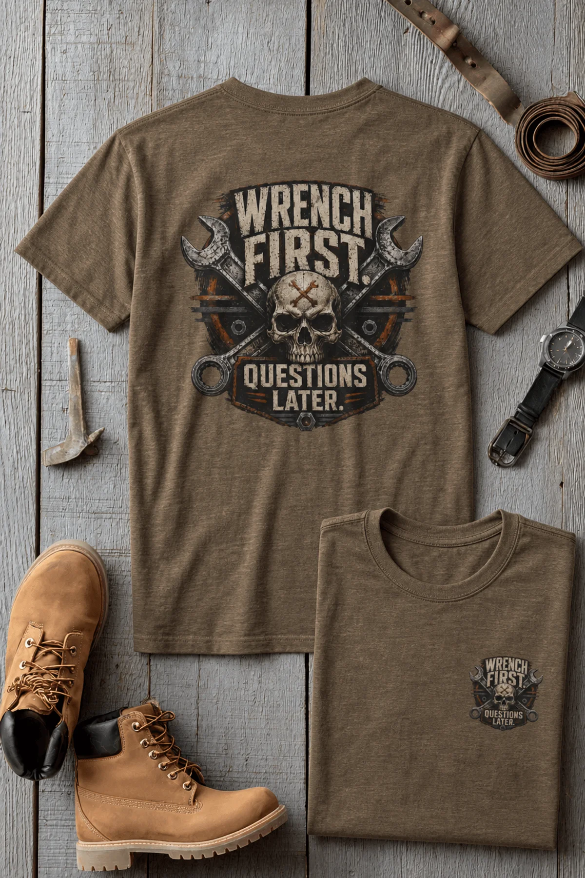 Wrench First Tee — "Wrench First, Questions Later" Mechanic Skull T-Shirt — heather-olive t-shirt, flat-lay product photo | Pressure Tested Co