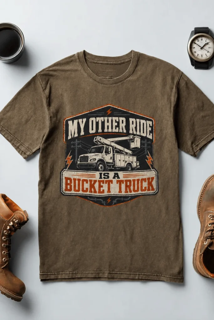 Bucket Truck T-Shirt - “My Other Ride Is A Bucket Truck” Utility Crew/Electrician Tee — heather-olive t-shirt, flat-lay product photo | Pressure Tested Co