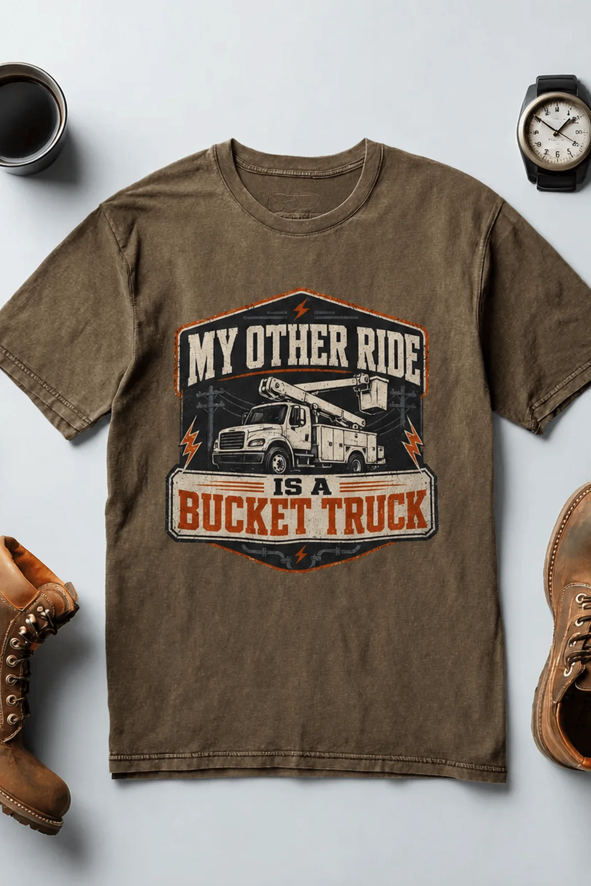 Bucket Truck T-Shirt - “My Other Ride Is A Bucket Truck” Utility Crew/Electrician Tee — heather-olive t-shirt, flat-lay product photo | Pressure Tested Co
