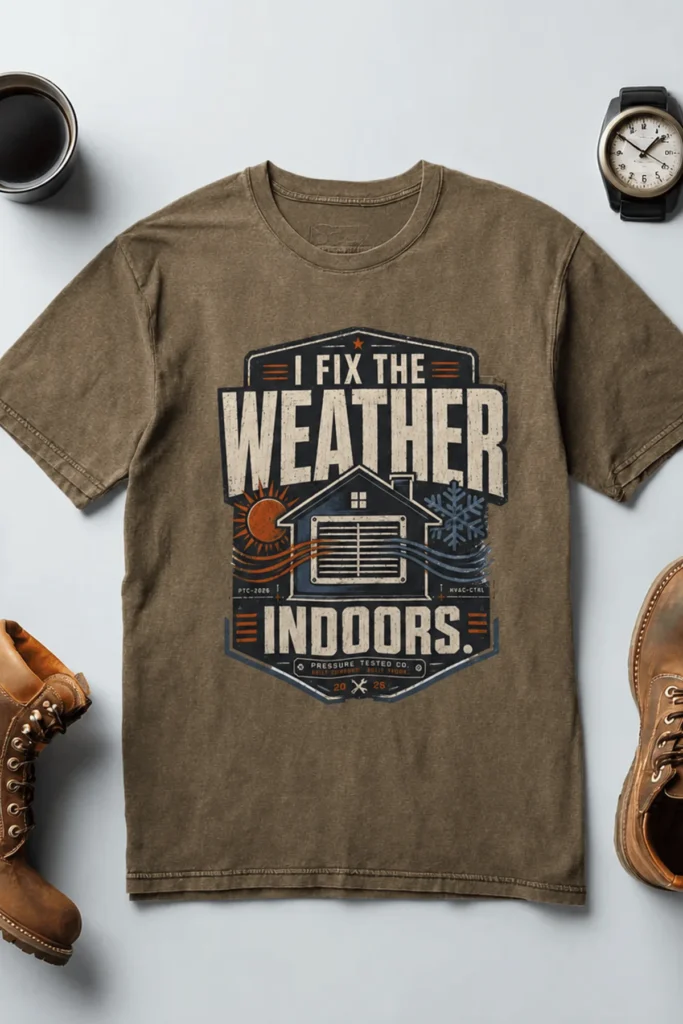 Funny HVAC Technician Tee - “I Fix The Weather Indoors.” Cooling/Furnace Shop Work Shirt — heather-olive t-shirt, flat-lay product photo | Pressure Tested Co