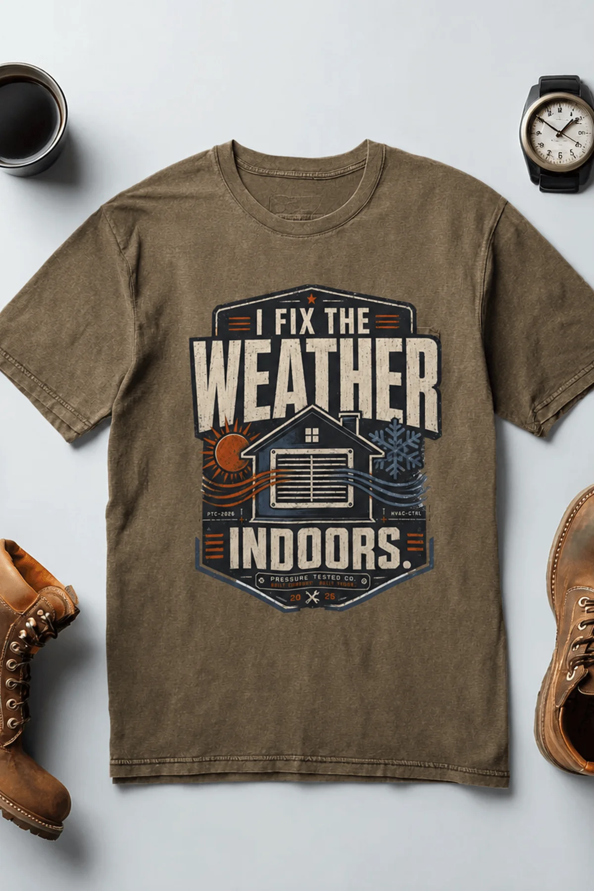 Funny HVAC Technician Tee - “I Fix The Weather Indoors.” Cooling/Furnace Shop Work Shirt — heather-olive — Flat-lay Funny HVAC Technician Tee - “I Fix The Weather Indoors.” Cooling/Furnace Shop Work Shirt — heather-olive t-shirt, flat-lay product photo | Pressure Tested Co
