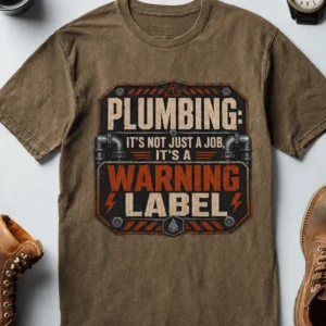 Plumbing Warning Label T-Shirt — Funny Plumber Shirt — heather-olive t-shirt, flat-lay product photo | Pressure Tested Co
