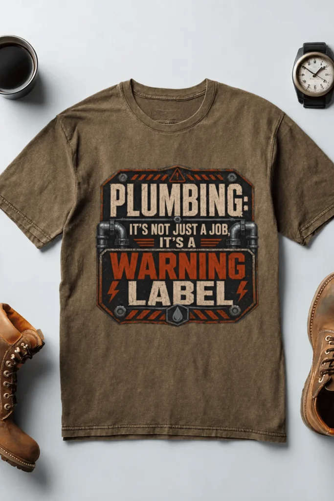 Plumbing Warning Label T-Shirt — Funny Plumber Shirt — heather-olive t-shirt, flat-lay product photo | Pressure Tested Co