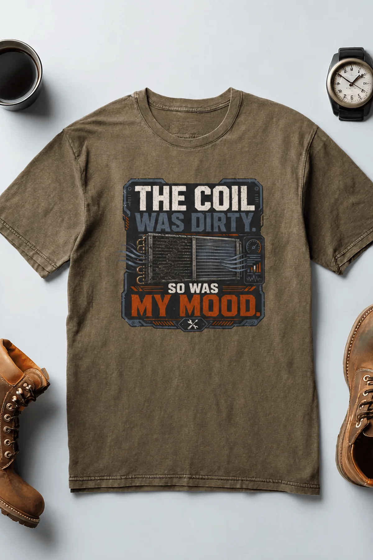 HVAC Technician Tee — “THE COIL WAS DIRTY. SO WAS MY MOOD.” — heather-olive — Flat-lay HVAC Technician Tee — “THE COIL WAS DIRTY. SO WAS MY MOOD.” — heather-olive t-shirt, flat-lay product photo | Pressure Tested Co