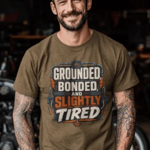 Grounded, Bonded and Slightly Tired Graphic Tee — Funny Electrical Worker Shirt — heather-olive t-shirt, model photo | Pressure Tested Co