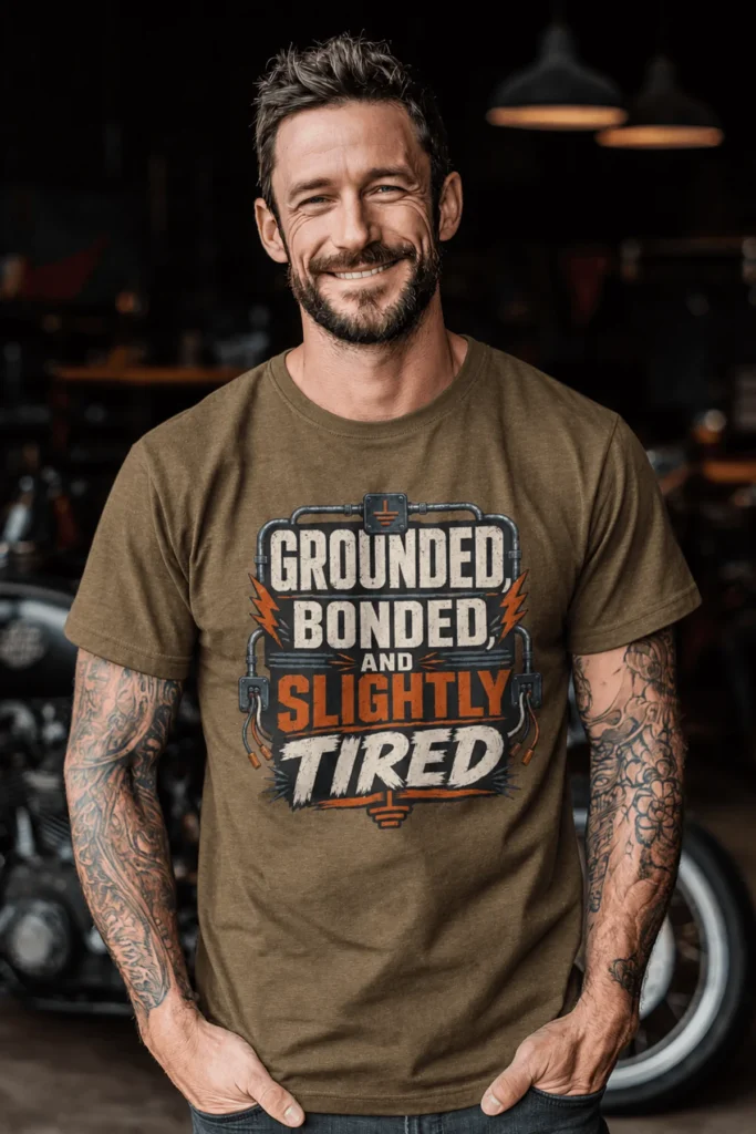 Grounded, Bonded and Slightly Tired Graphic Tee — Funny Electrical Worker Shirt — heather-olive t-shirt, model photo | Pressure Tested Co