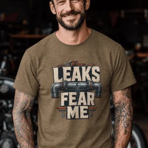 Leaks Fear Me T-Shirt - Funny Plumber Pipes Tee — heather-olive t-shirt, model photo | Pressure Tested Co