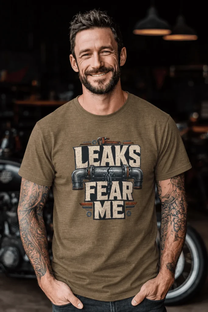 Leaks Fear Me T-Shirt - Funny Plumber Pipes Tee — heather-olive t-shirt, model photo | Pressure Tested Co