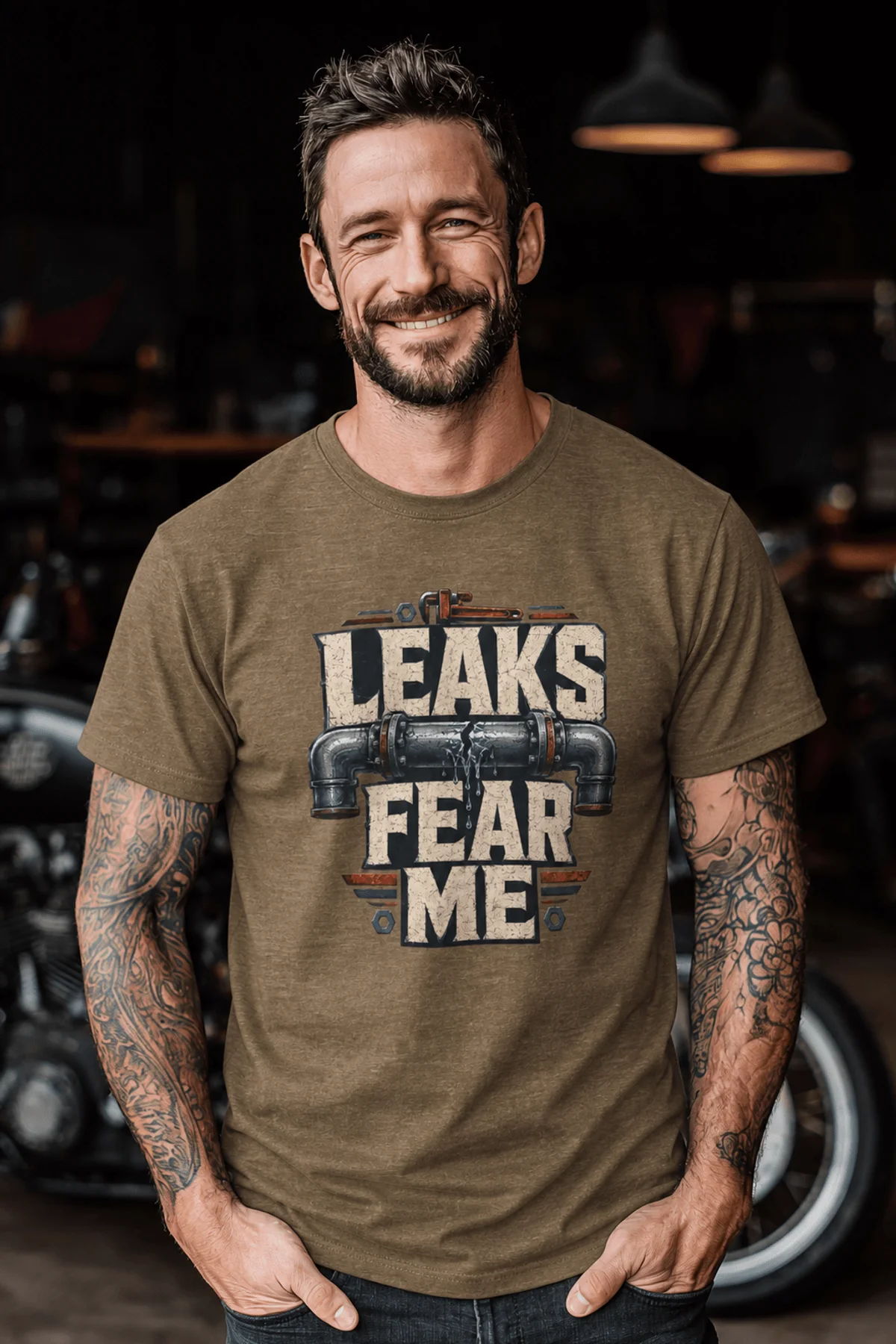 Leaks Fear Me T-Shirt - Funny Plumber Pipes Tee — heather-olive t-shirt, model photo | Pressure Tested Co