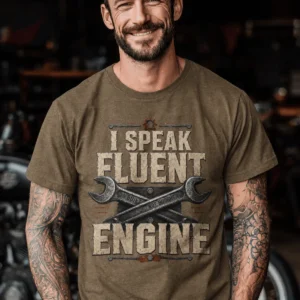 I Speak Fluent Engine T-Shirt — Mechanic Wrench Vintage Auto Repair Tee — heather-olive t-shirt, model photo | Pressure Tested Co