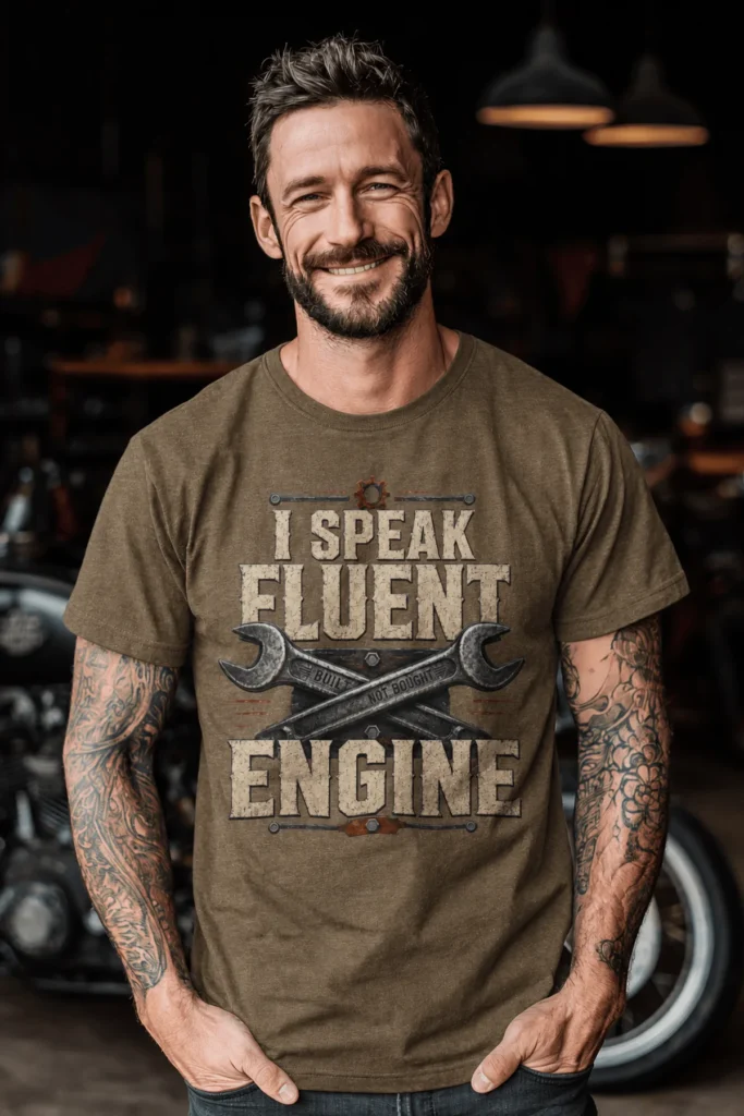 I Speak Fluent Engine T-Shirt — Mechanic Wrench Vintage Auto Repair Tee — heather-olive t-shirt, model photo | Pressure Tested Co