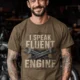 I Speak Fluent Engine T-Shirt — Mechanic Wrench Vintage Auto Repair Tee — heather-olive — Model I Speak Fluent Engine T-Shirt — Mechanic Wrench Vintage Auto Repair Tee — heather-olive t-shirt, model photo | Pressure Tested Co