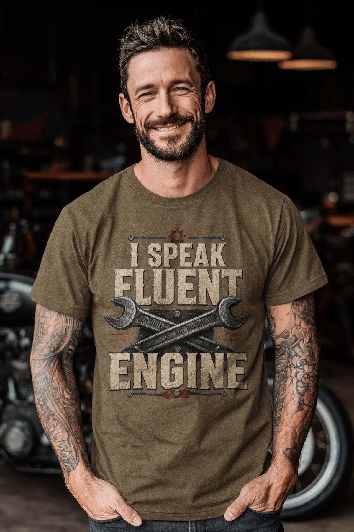 I Speak Fluent Engine T-Shirt — Mechanic Wrench Vintage Auto Repair Tee — heather-olive — Model I Speak Fluent Engine T-Shirt — Mechanic Wrench Vintage Auto Repair Tee — heather-olive t-shirt, model photo | Pressure Tested Co
