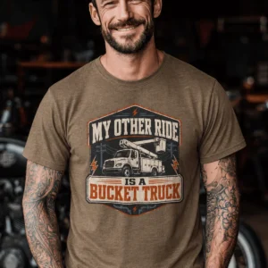 Bucket Truck T-Shirt - “My Other Ride Is A Bucket Truck” Utility Crew/Electrician Tee — heather-olive t-shirt, model photo | Pressure Tested Co