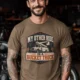 Bucket Truck T-Shirt - “My Other Ride Is A Bucket Truck” Utility Crew/Electrician Tee — heather-olive t-shirt, model photo | Pressure Tested Co
