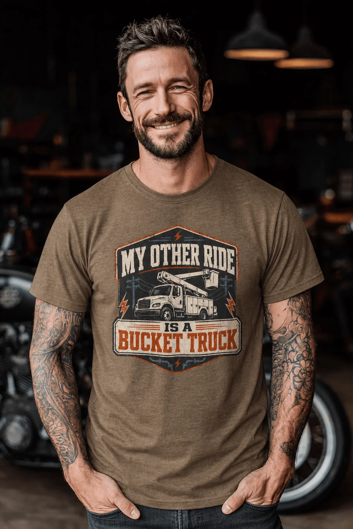 Bucket Truck T-Shirt - “My Other Ride Is A Bucket Truck” Utility Crew/Electrician Tee — heather-olive t-shirt, model photo | Pressure Tested Co