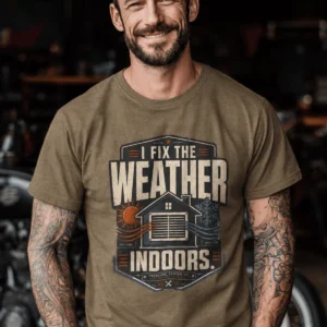 Funny HVAC Technician Tee - “I Fix The Weather Indoors.” Cooling/Furnace Shop Work Shirt — heather-olive t-shirt, model photo | Pressure Tested Co