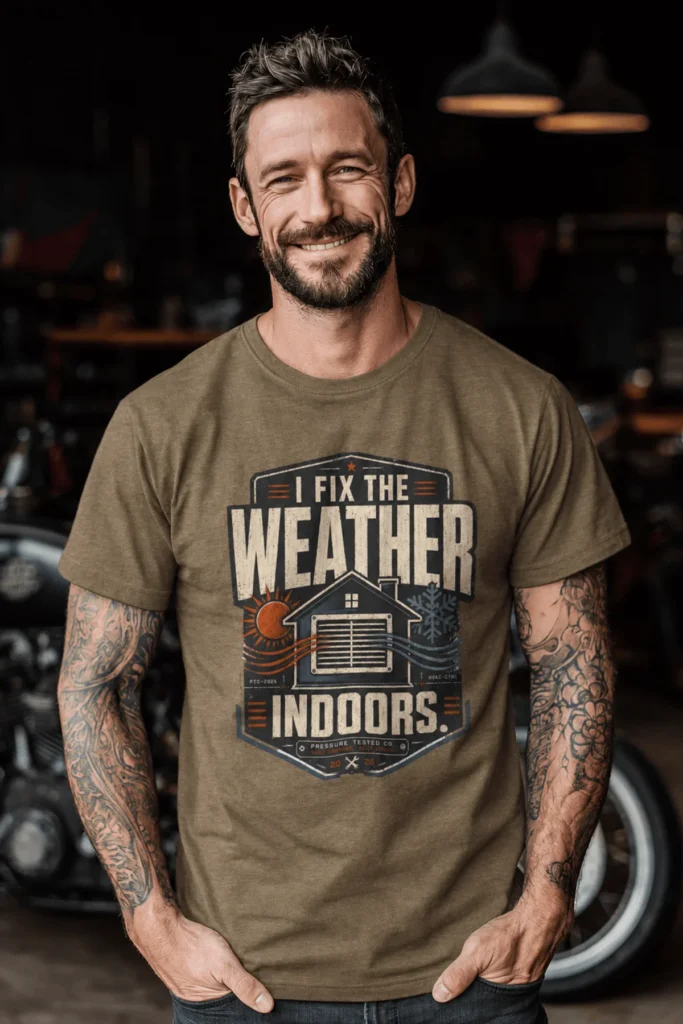 Funny HVAC Technician Tee - “I Fix The Weather Indoors.” Cooling/Furnace Shop Work Shirt — heather-olive t-shirt, model photo | Pressure Tested Co