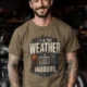 Funny HVAC Technician Tee - “I Fix The Weather Indoors.” Cooling/Furnace Shop Work Shirt — heather-olive — Model Funny HVAC Technician Tee - “I Fix The Weather Indoors.” Cooling/Furnace Shop Work Shirt — heather-olive t-shirt, model photo | Pressure Tested Co