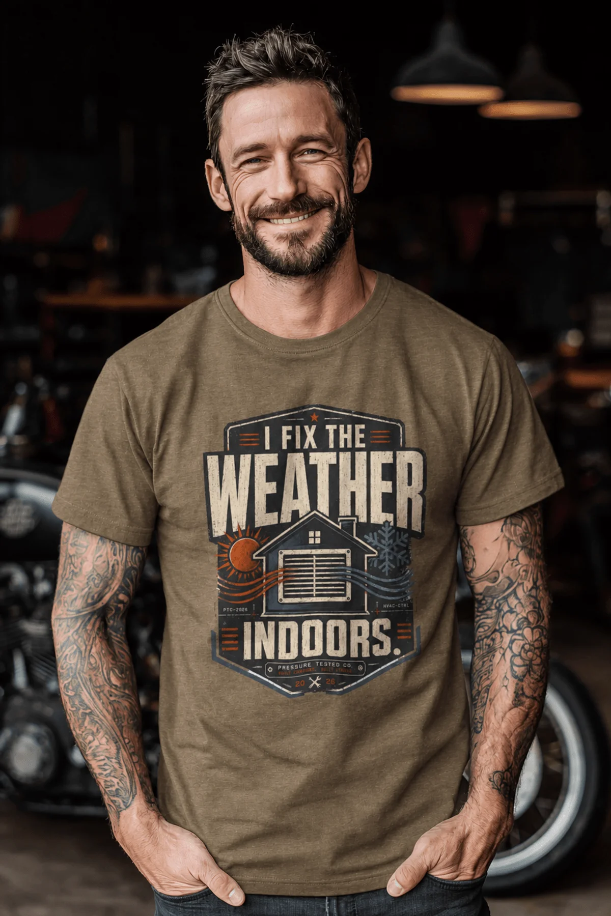 Funny HVAC Technician Tee - “I Fix The Weather Indoors.” Cooling/Furnace Shop Work Shirt — heather-olive — Model Funny HVAC Technician Tee - “I Fix The Weather Indoors.” Cooling/Furnace Shop Work Shirt — heather-olive t-shirt, model photo | Pressure Tested Co