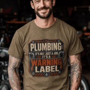 Plumbing Warning Label T-Shirt — Funny Plumber Shirt — heather-olive t-shirt, model photo | Pressure Tested Co