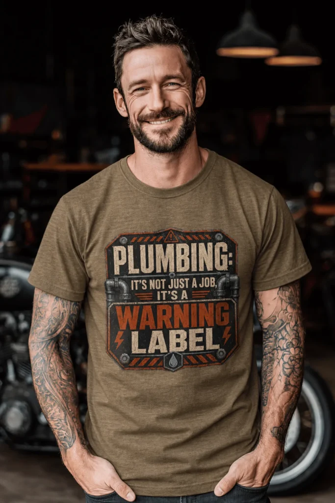 Plumbing Warning Label T-Shirt — Funny Plumber Shirt — heather-olive t-shirt, model photo | Pressure Tested Co