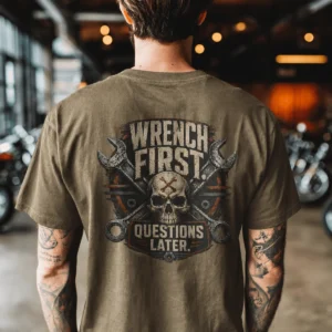 Wrench First Tee — "Wrench First, Questions Later" Mechanic Skull T-Shirt — heather-olive t-shirt, model photo | Pressure Tested Co