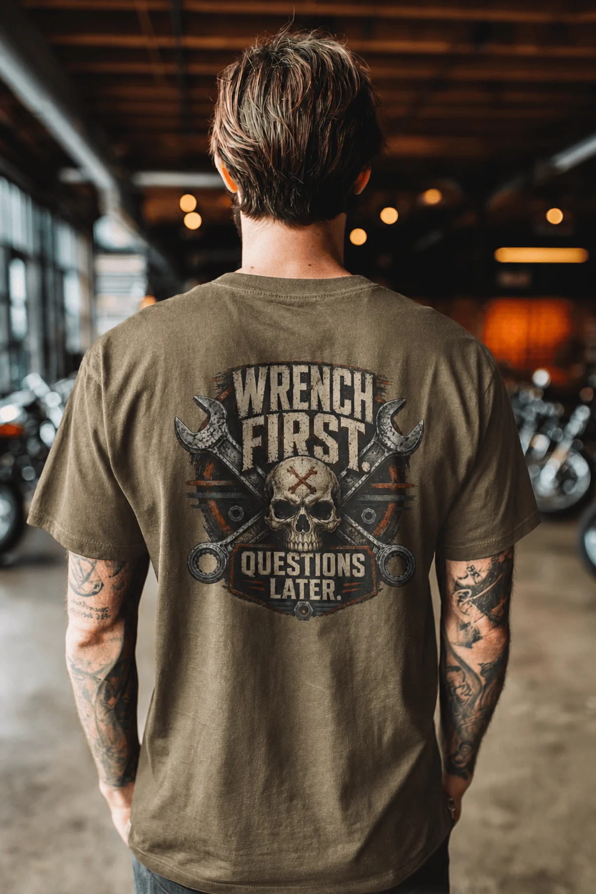 Wrench First Tee — "Wrench First, Questions Later" Mechanic Skull T-Shirt — heather-olive t-shirt, model photo | Pressure Tested Co
