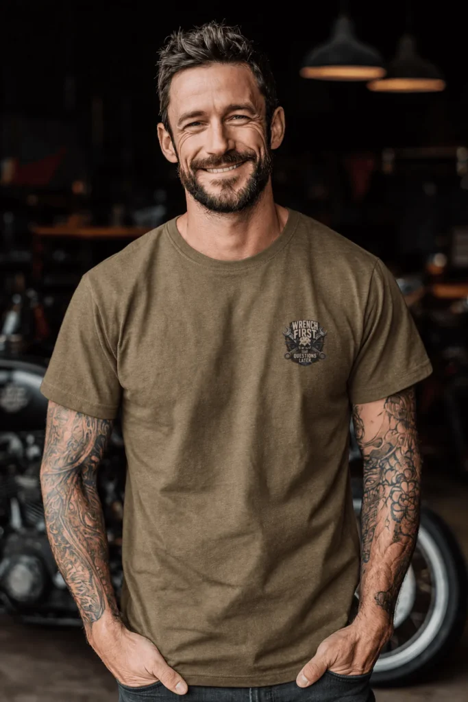 Wrench First Tee — "Wrench First, Questions Later" Mechanic Skull T-Shirt — heather-olive t-shirt, model photo | Pressure Tested Co
