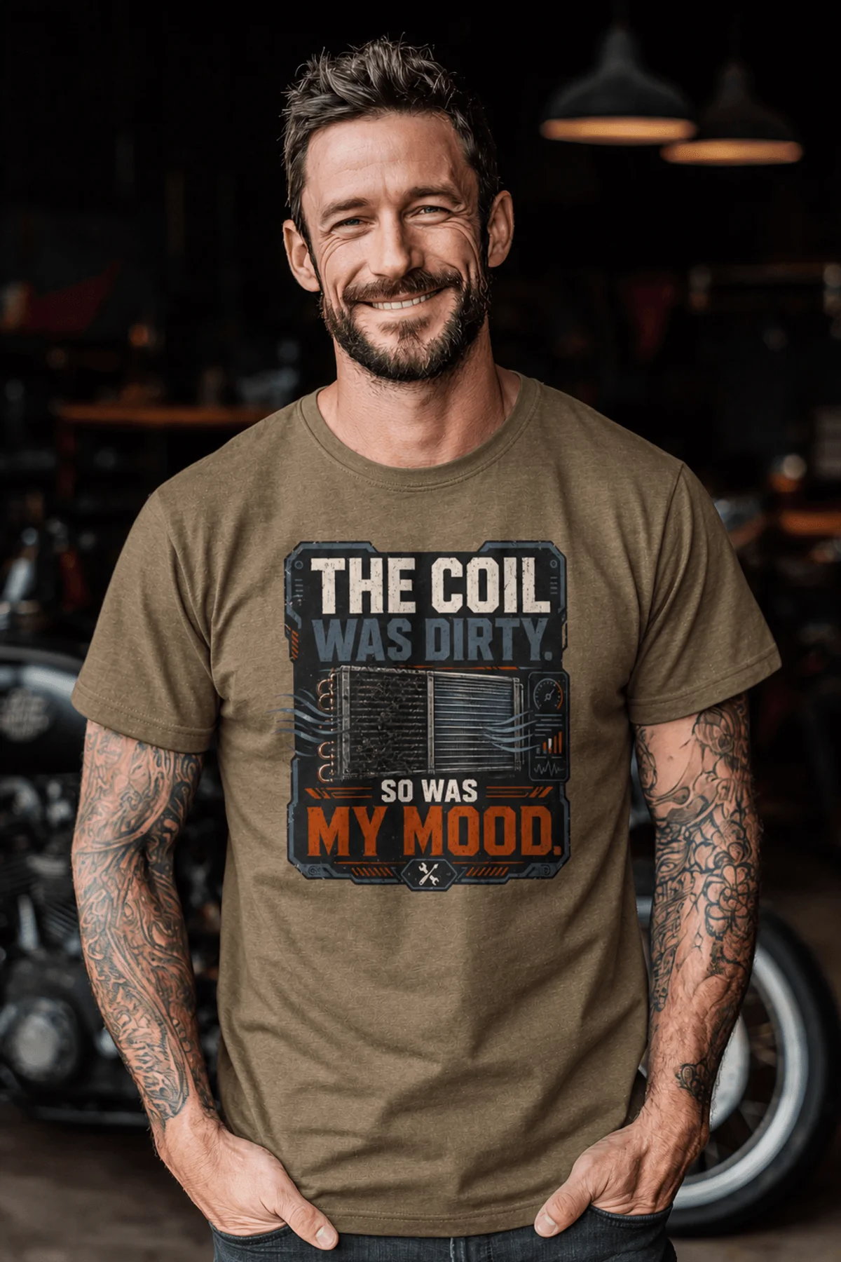 HVAC Technician Tee — “THE COIL WAS DIRTY. SO WAS MY MOOD.” — heather-olive — Model HVAC Technician Tee — “THE COIL WAS DIRTY. SO WAS MY MOOD.” — heather-olive t-shirt, model photo | Pressure Tested Co