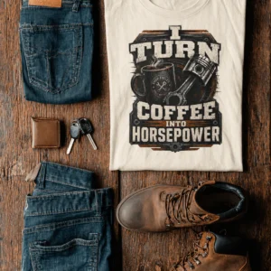 Mechanic Technician T-Shirt — "I Turn Coffee Into Horsepower" Vintage Work Shirt — ivory t-shirt, flat-lay product photo | Pressure Tested Co