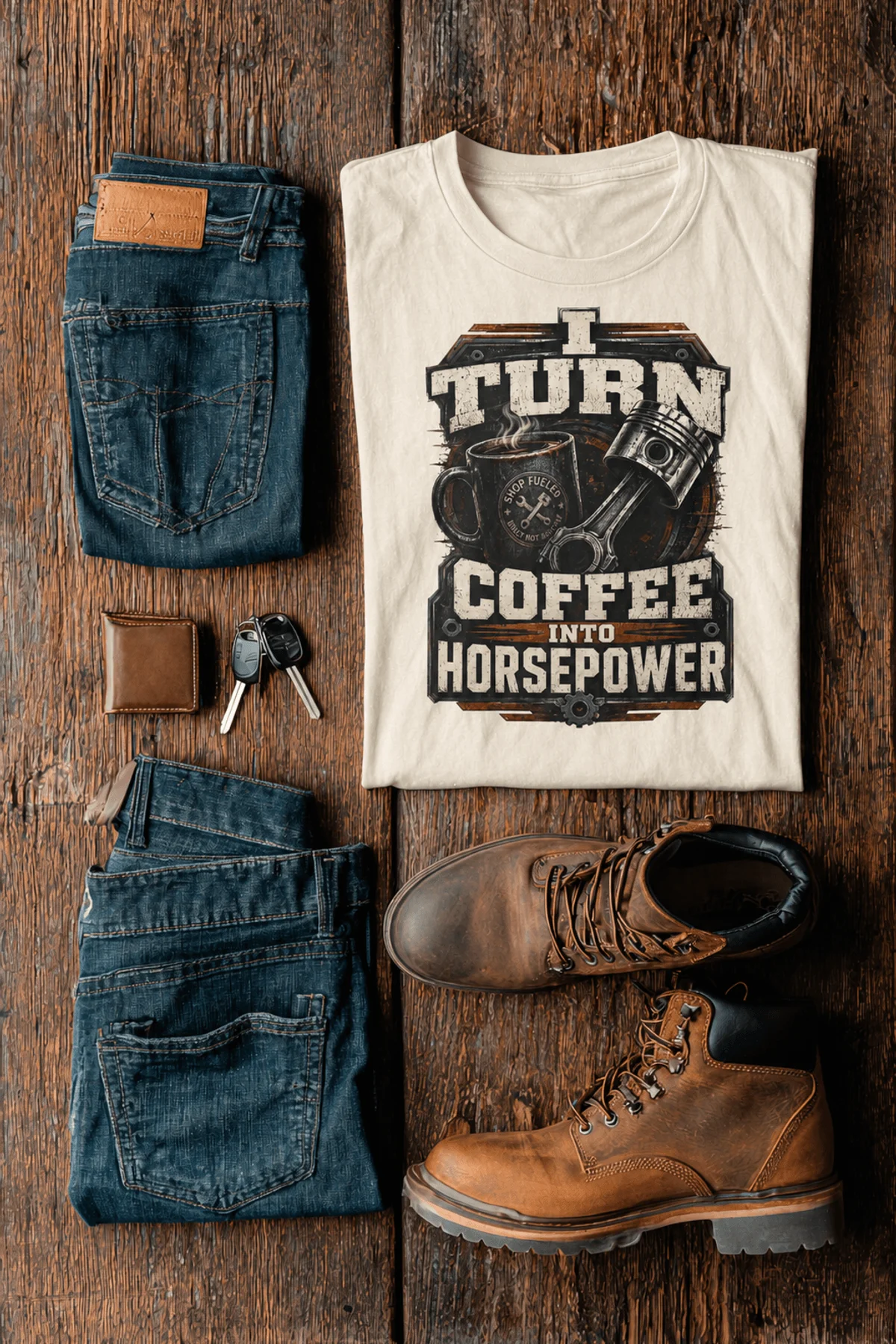 Mechanic Technician T-Shirt — "I Turn Coffee Into Horsepower" Vintage Work Shirt — ivory — Flat-lay Mechanic Technician T-Shirt — "I Turn Coffee Into Horsepower" Vintage Work Shirt — ivory t-shirt, flat-lay product photo | Pressure Tested Co