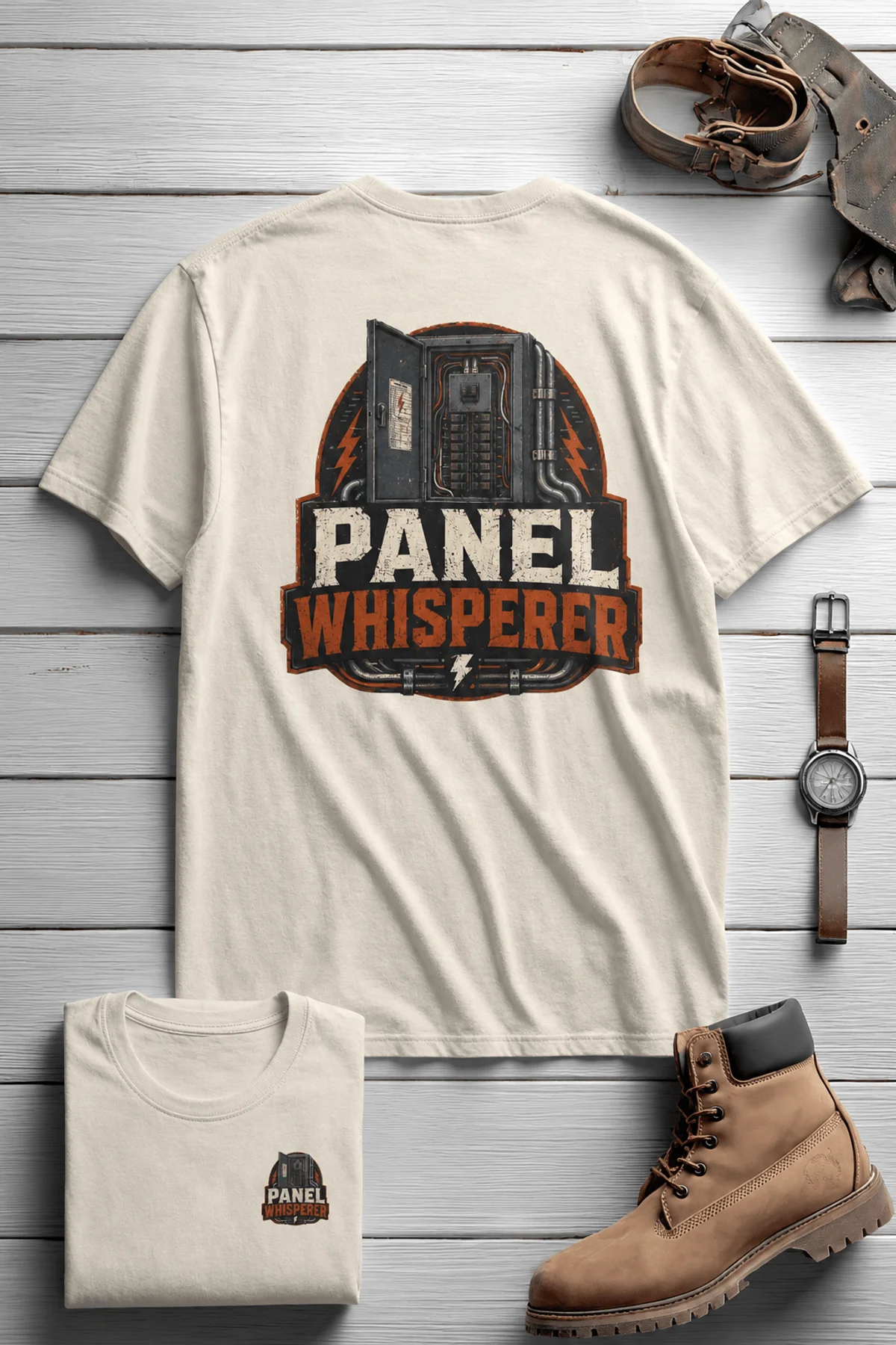Funny Electrician Tee - "Panel Whisperer" Electrical Worker T-Shirt — ivory t-shirt, flat-lay product photo | Pressure Tested Co