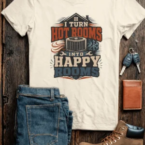 HVAC Technician T-Shirt — "I Turn Hot Rooms Into Happy Rooms" Vintage HVAC Shirt — ivory t-shirt, flat-lay product photo | Pressure Tested Co