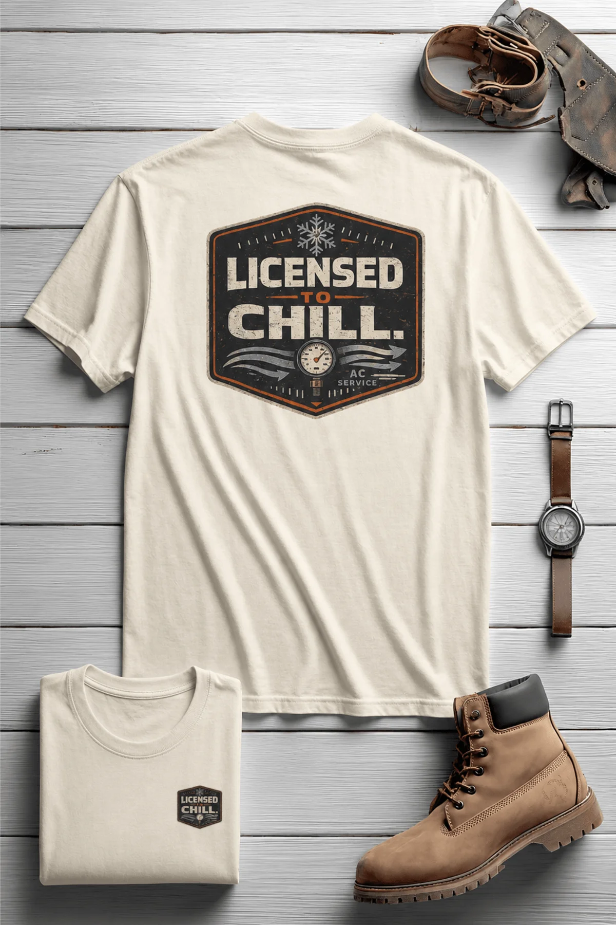 Funny HVAC Tee - "Licensed To Chill" HVAC Technician T-Shirt — ivory t-shirt, flat-lay product photo | Pressure Tested Co