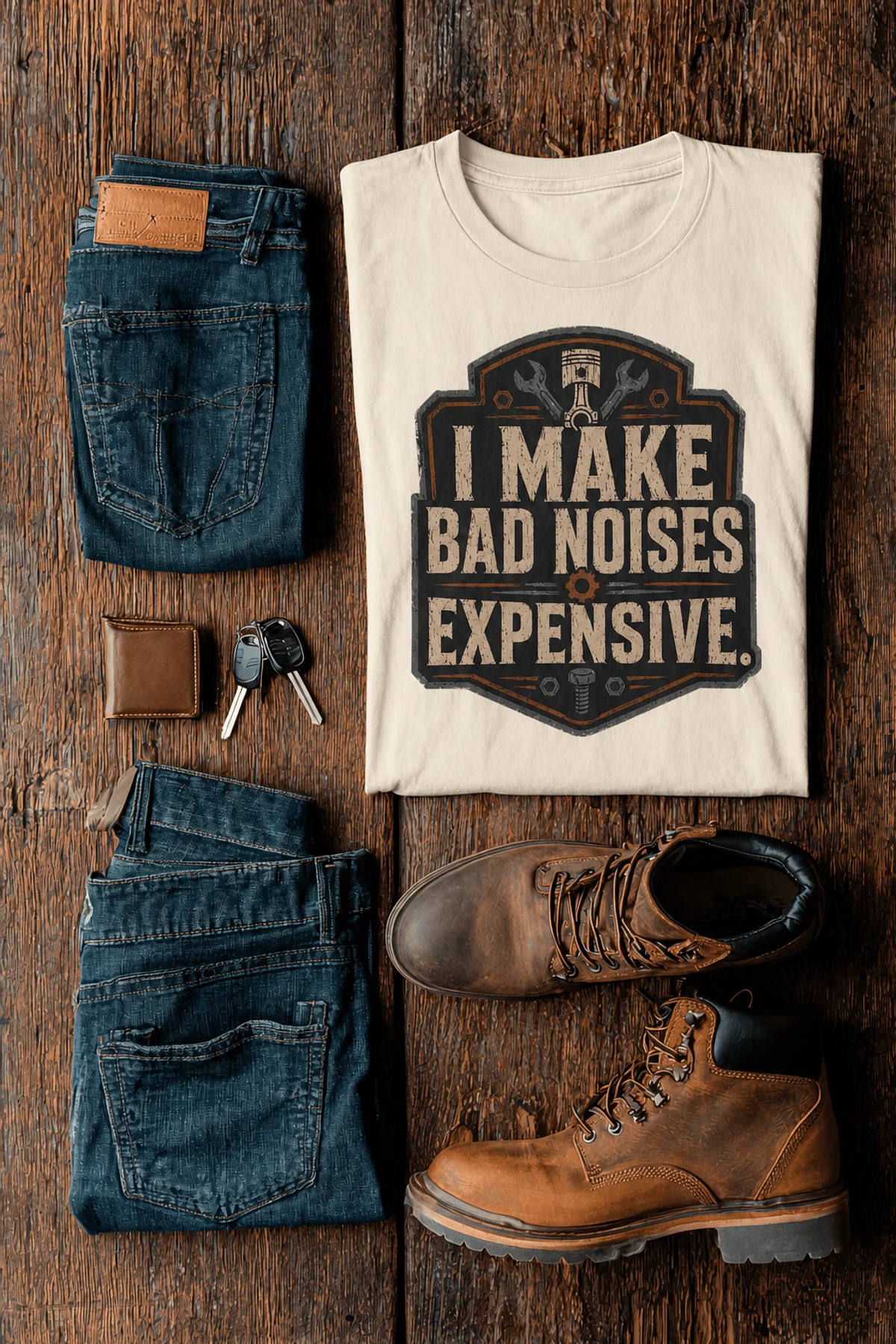 Funny Mechanic Tee - "I Make Bad Noises Expensive" Technician Worker/ Mechanic / Gearhead Tee — ivory t-shirt, flat-lay product photo | Pressure Tested Co