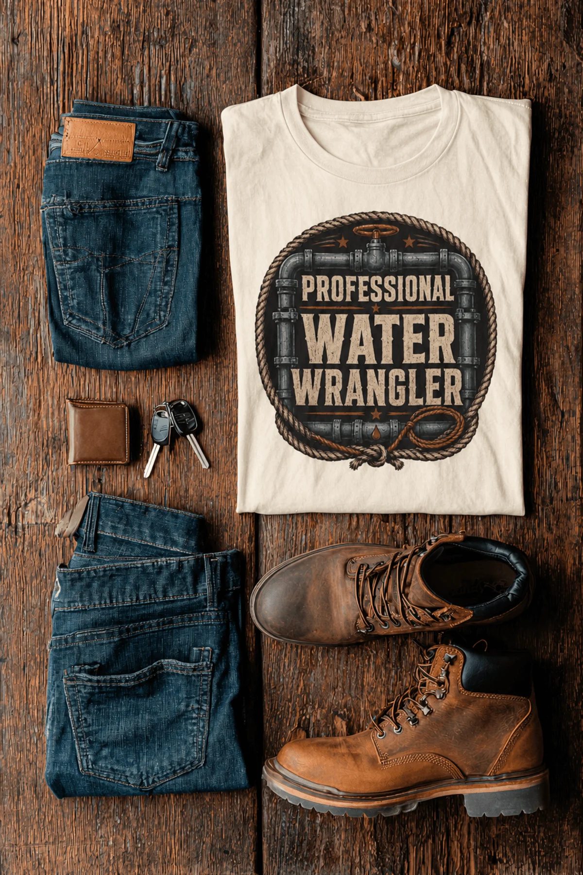 Funny Plumber Tee - "Professional Water Wrangler" Rustic Rope Graphic T-Shirt — ivory t-shirt, flat-lay product photo | Pressure Tested Co