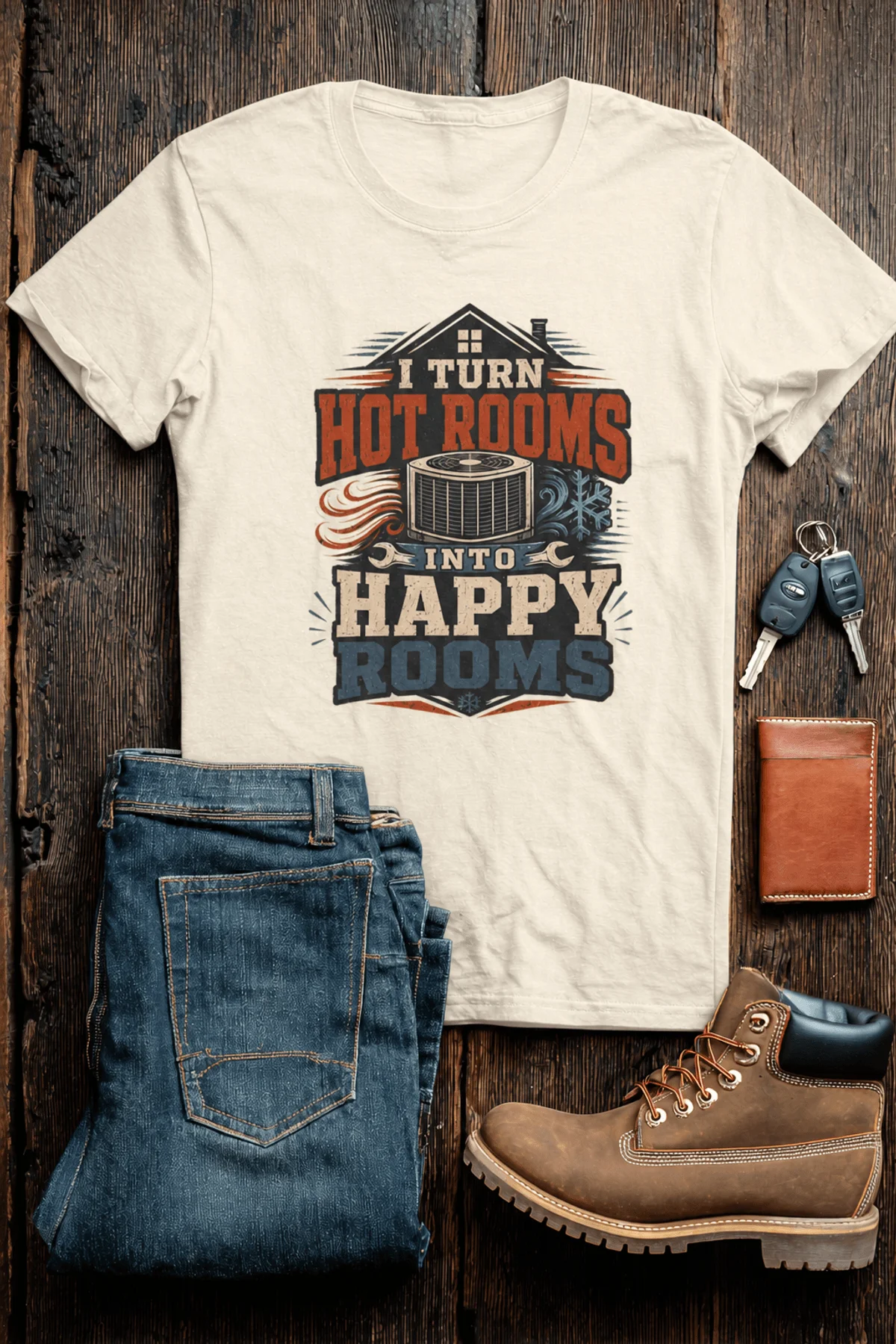 HVAC Technician T-Shirt — "I Turn Hot Rooms Into Happy Rooms" Vintage HVAC Shirt — ivory — Flat-lay HVAC Technician T-Shirt — "I Turn Hot Rooms Into Happy Rooms" Vintage HVAC Shirt — ivory t-shirt, flat-lay product photo | Pressure Tested Co
