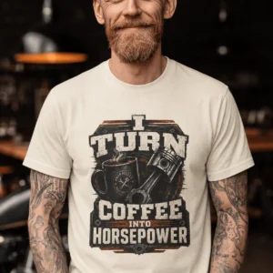Mechanic Technician T-Shirt — "I Turn Coffee Into Horsepower" Vintage Work Shirt — ivory t-shirt, model photo | Pressure Tested Co