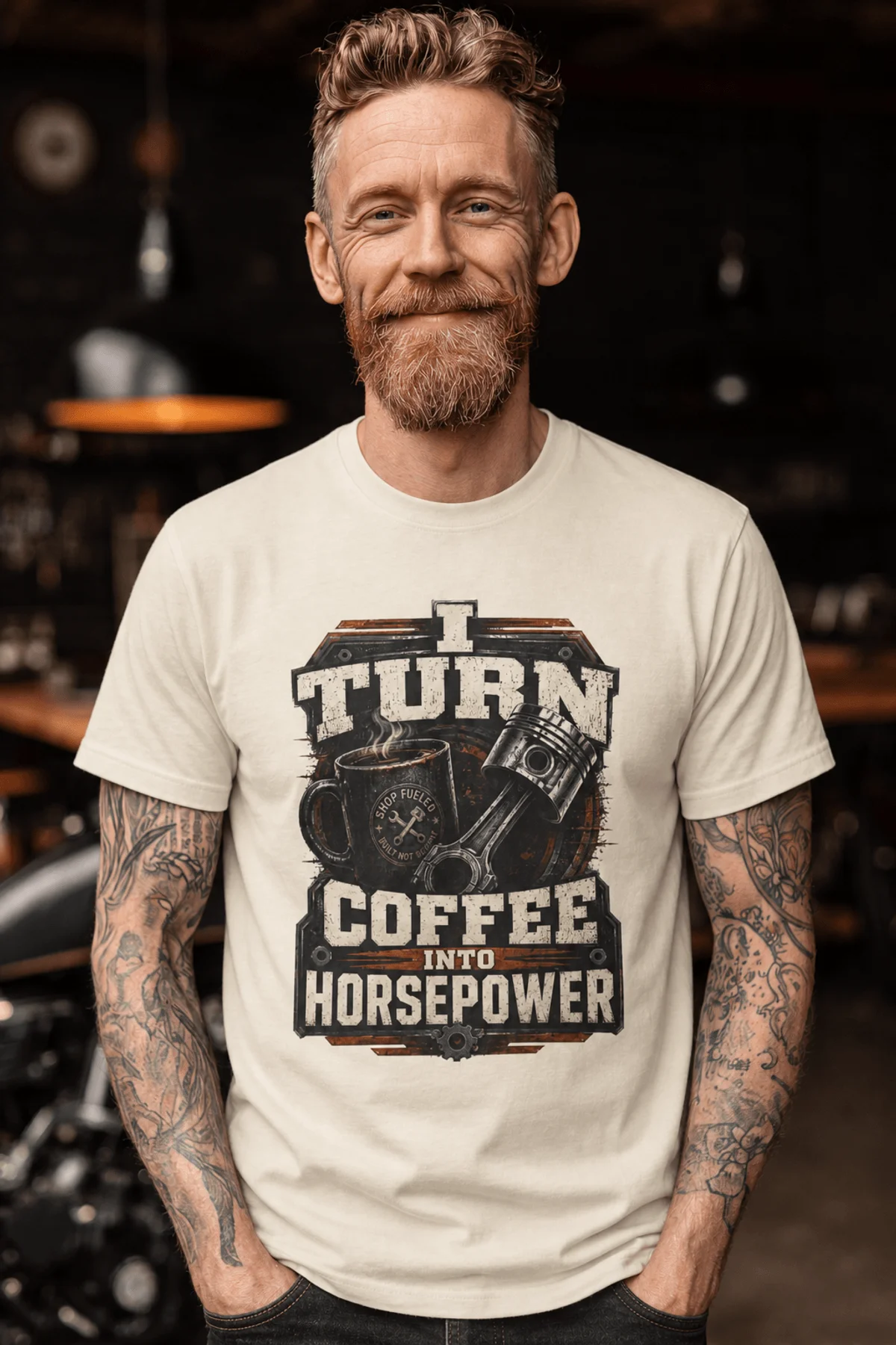 Mechanic Technician T-Shirt — "I Turn Coffee Into Horsepower" Vintage Work Shirt — ivory — Model Mechanic Technician T-Shirt — "I Turn Coffee Into Horsepower" Vintage Work Shirt — ivory t-shirt, model photo | Pressure Tested Co