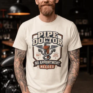 Plumber T-Shirt — "Pipe Doctor. No Appointment Needed" Vintage Work Shirt — ivory t-shirt, model photo | Pressure Tested Co