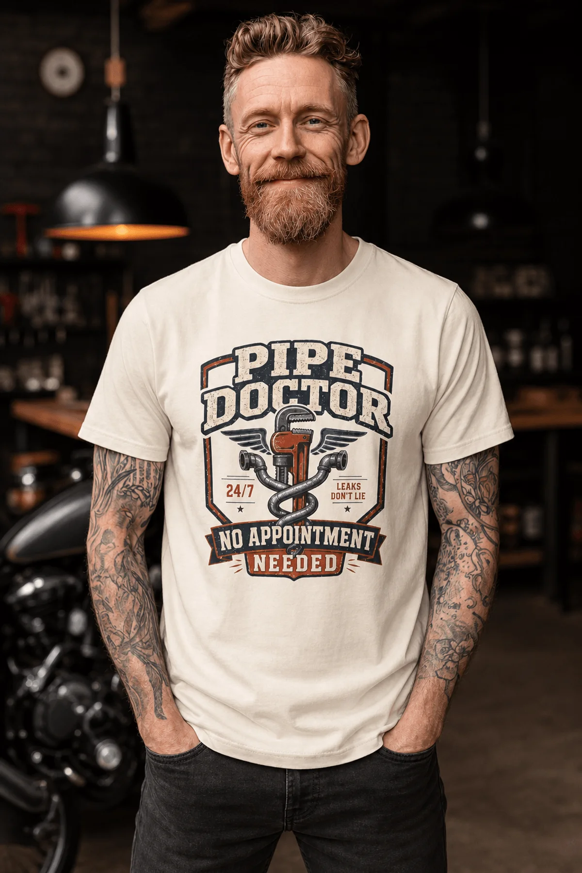 Plumber T-Shirt — "Pipe Doctor. No Appointment Needed" Vintage Work Shirt — ivory — Model Plumber T-Shirt — "Pipe Doctor. No Appointment Needed" Vintage Work Shirt — ivory t-shirt, model photo | Pressure Tested Co