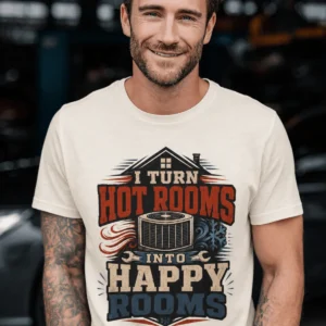 HVAC Technician T-Shirt — "I Turn Hot Rooms Into Happy Rooms" Vintage HVAC Shirt — ivory t-shirt, model photo | Pressure Tested Co