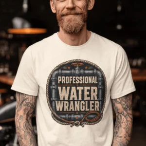 Funny Plumber Tee - "Professional Water Wrangler" Rustic Rope Graphic T-Shirt — ivory t-shirt, model photo | Pressure Tested Co