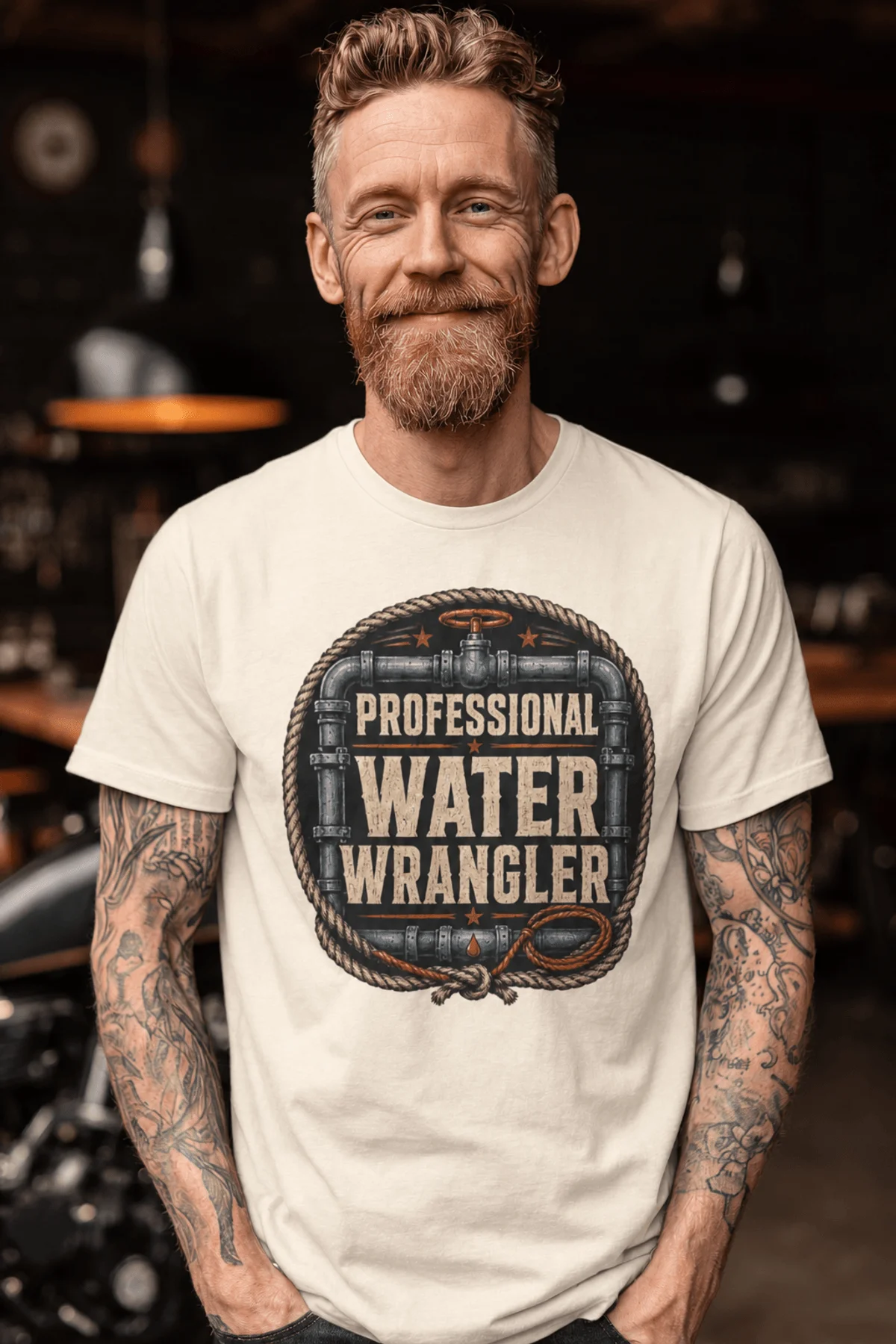 Funny Plumber Tee - "Professional Water Wrangler" Rustic Rope Graphic T-Shirt — ivory t-shirt, model photo | Pressure Tested Co