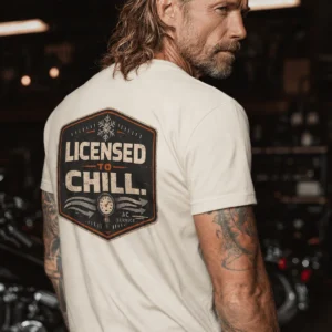 Funny HVAC Tee - "Licensed To Chill" HVAC Technician T-Shirt — ivory t-shirt, model photo | Pressure Tested Co