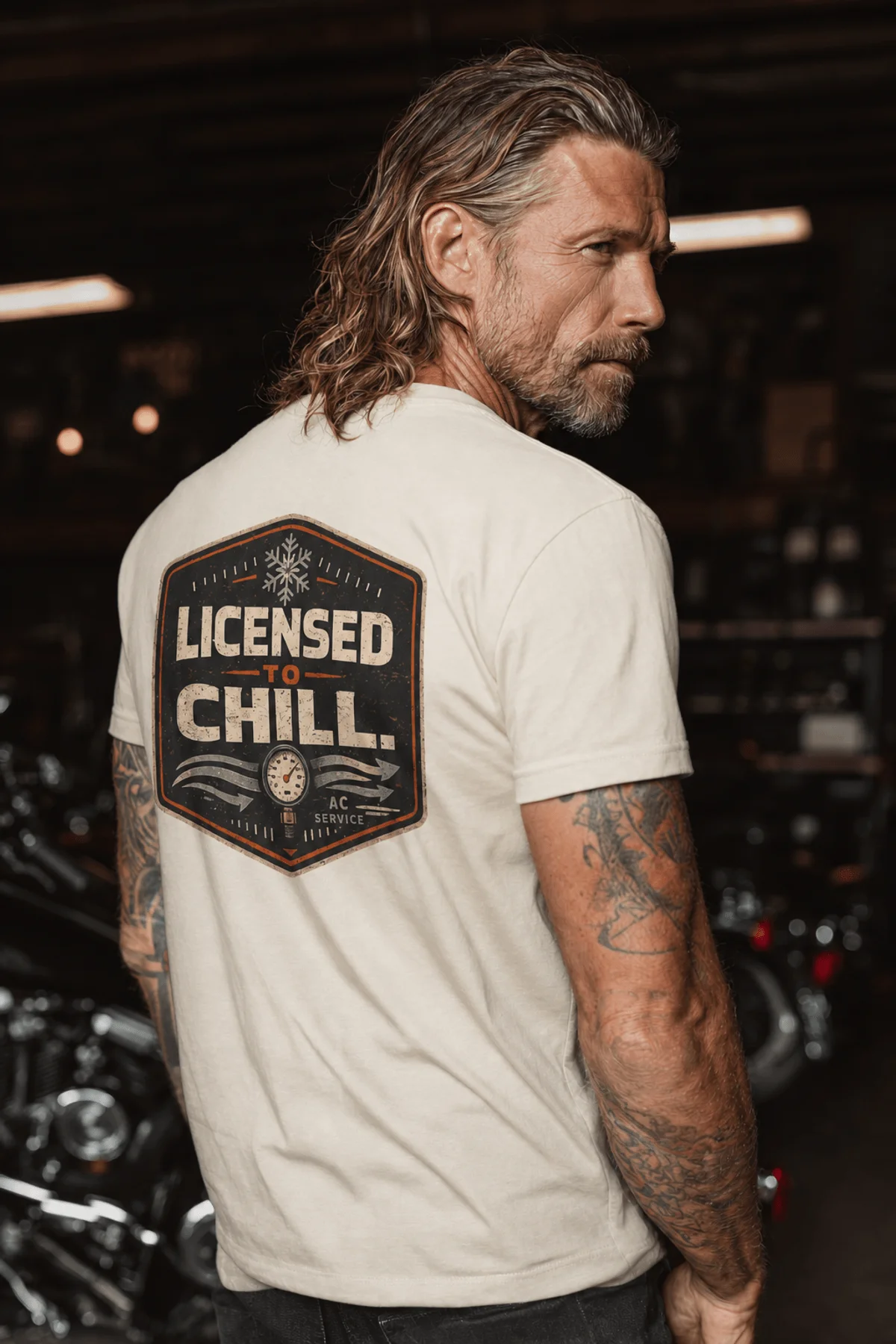 Funny HVAC Tee - "Licensed To Chill" HVAC Technician T-Shirt — ivory t-shirt, model photo | Pressure Tested Co