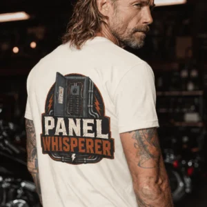 Funny Electrician Tee - "Panel Whisperer" Electrical Worker T-Shirt — ivory t-shirt, model photo | Pressure Tested Co