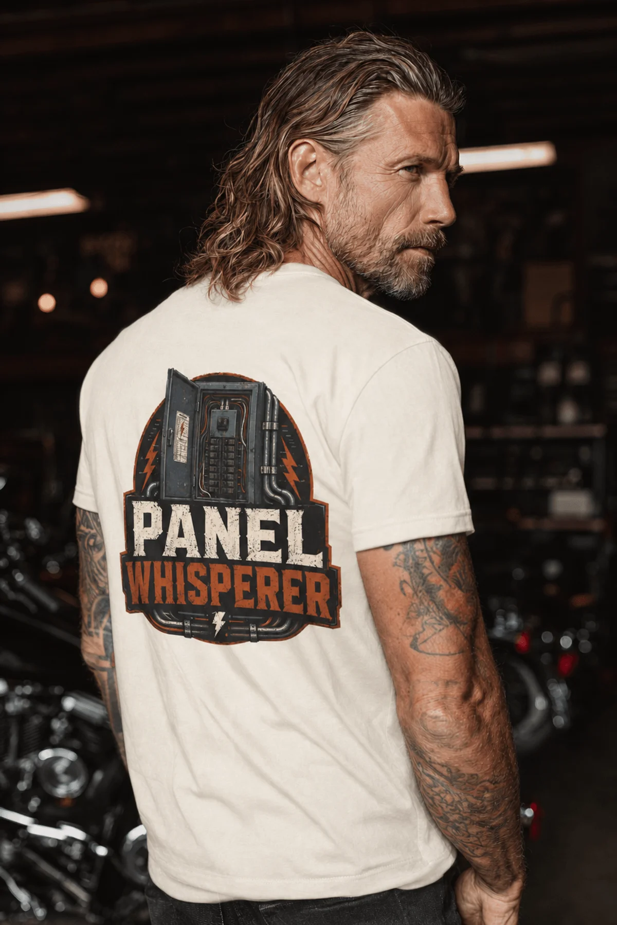 Funny Electrician Tee - "Panel Whisperer" Electrical Worker T-Shirt — ivory t-shirt, model photo | Pressure Tested Co